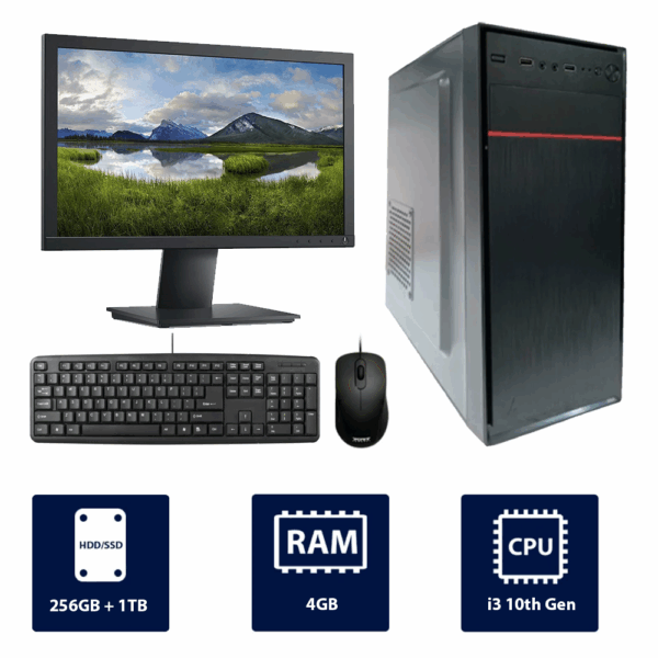 i3 10th Gen, 4GB RAM, 256GB SSD + 1TB HDD, with 19" Monitor, Standard Case Full Desktop PC