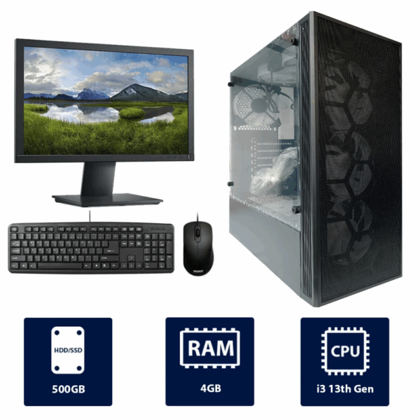 i3 13th Gen, 4GB RAM, 500GB HDD, with 19" Monitor, Antec AX20 RGB Full Desktop PC