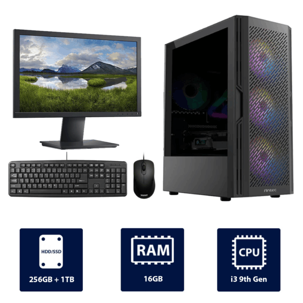 i3 9th, 16GB RAM, 256GB SSD + 1TB HDD Antec AX-20 Full Desktop Computer
