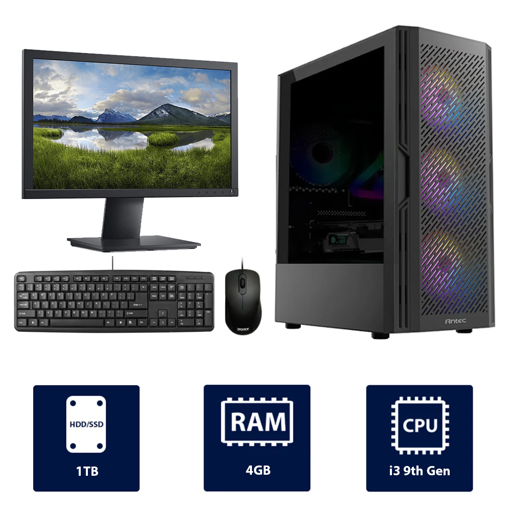i3 9th Gen, 4GB RAM, 1TB SSD, with 19" Monitor, Antec AX20 RGB Full Desktop PC