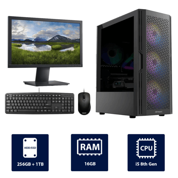 i5 8th, 16GB RAM, 256GB SSD + 1TB HDD Antec AX-20 Full Desktop Computer