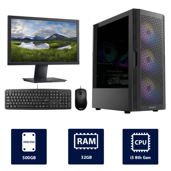 i5 8th Gen, 32GB RAM, 500GB HDD, with 19" Monitor, Antec AX20 RGB Full Desktop PC