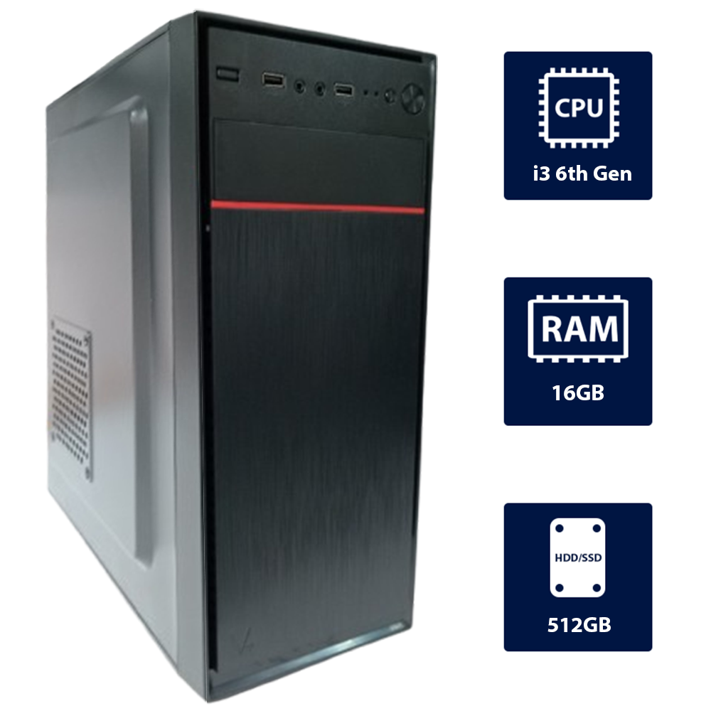 i3 6th, 8GB RAM, 512GB SSD Standard Case Desktop Tower